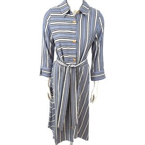 Soft Surroundings Shirt Dress Midi Blue White Stripe Womens Medium Long Sleeve
